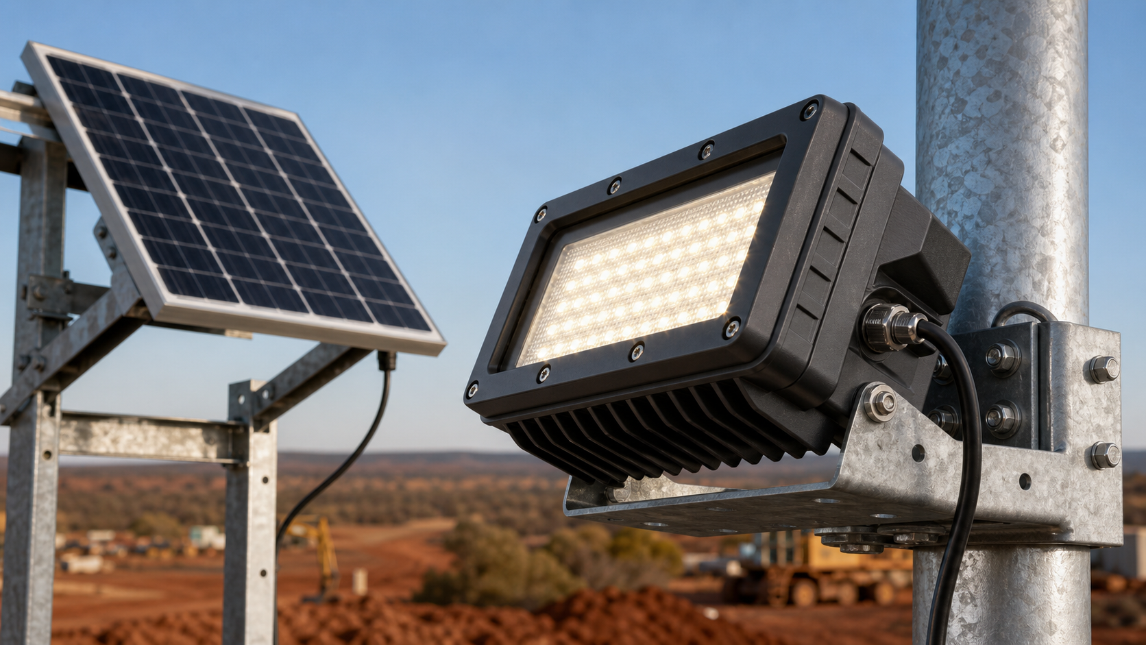 Solar LED flood light fixture with panel, sealed housing, and galvanized bracket