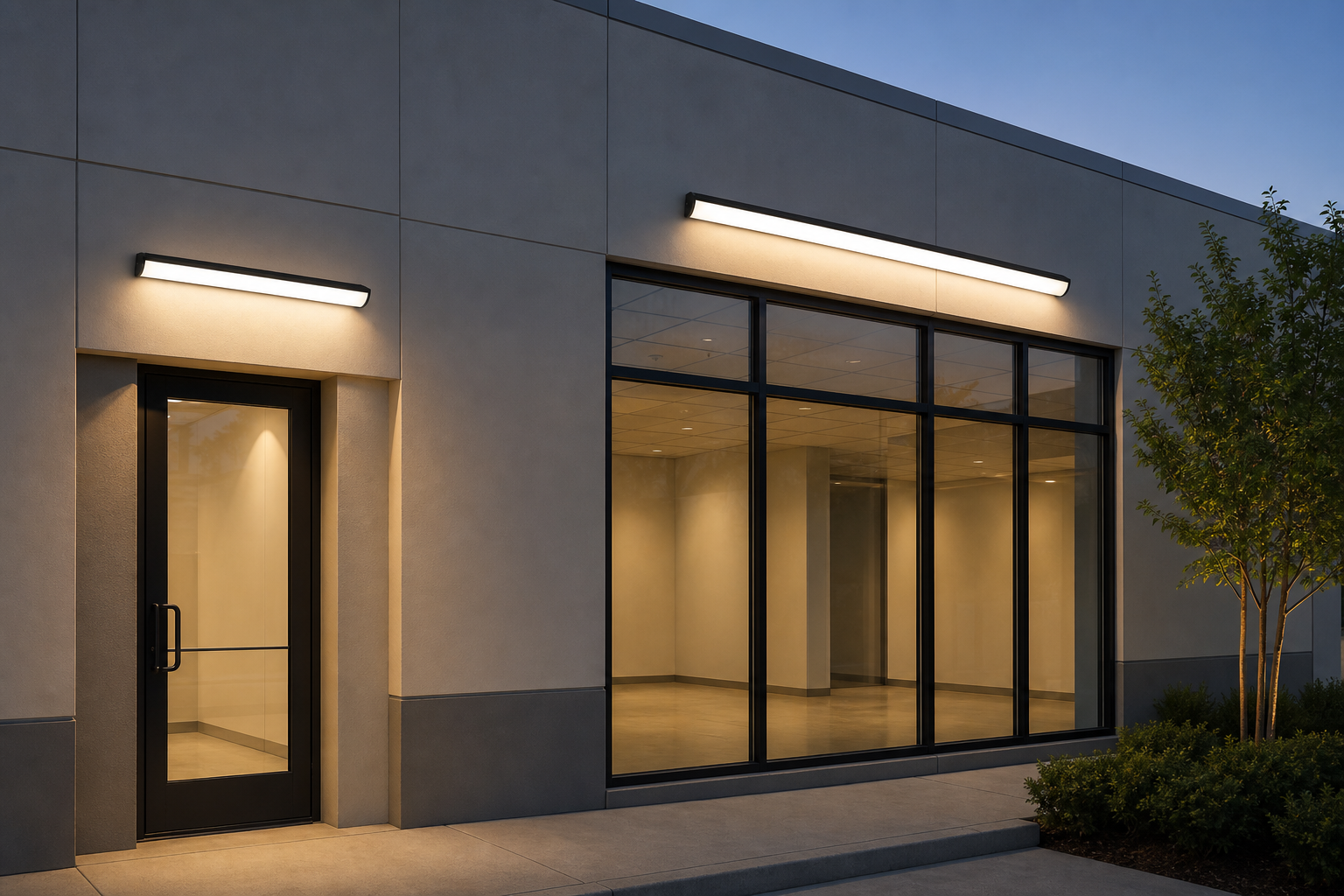 Horizontal LED wall lights above a commercial doorway and window