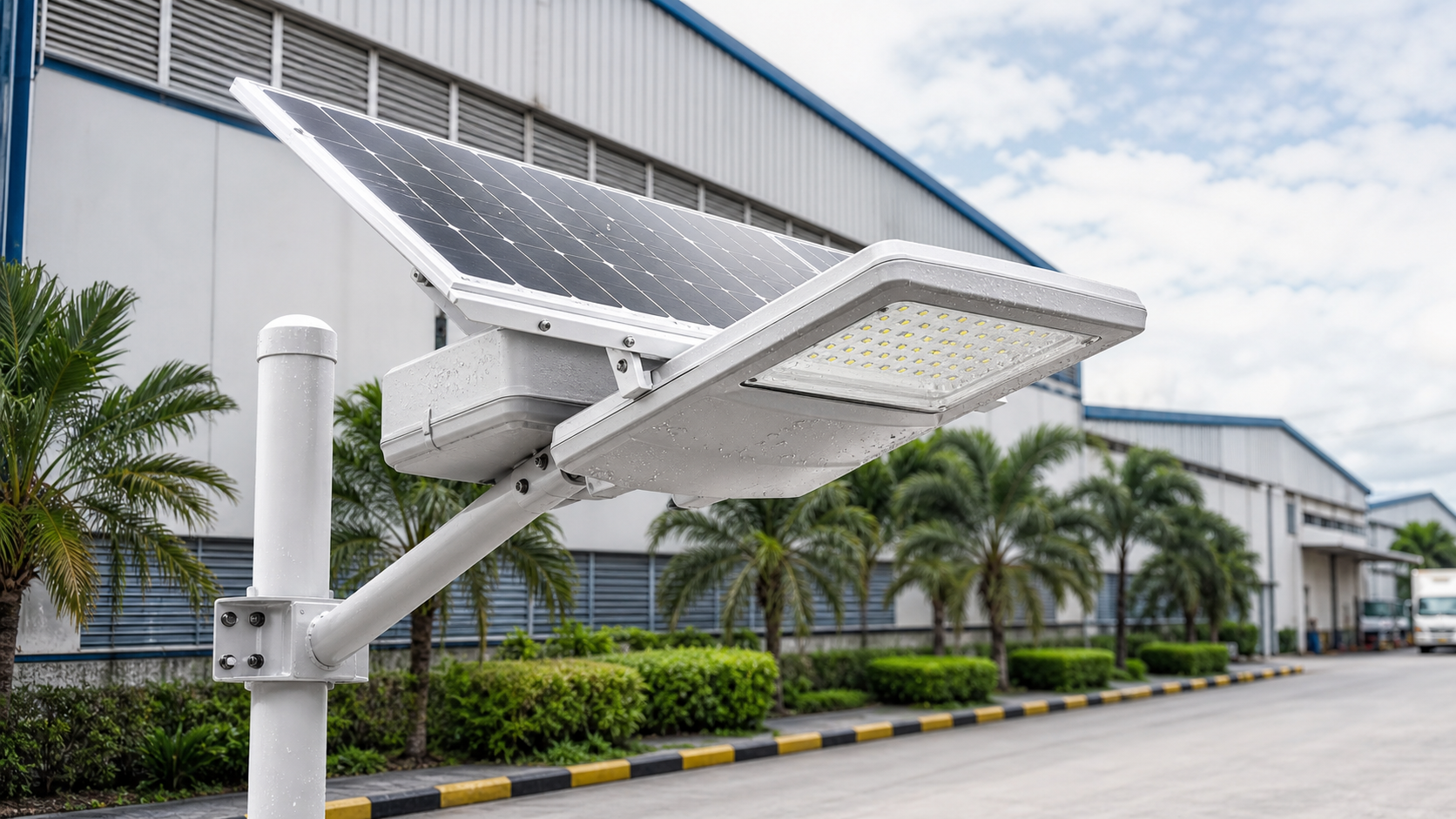 Integrated solar LED street light fixture for Philippine warehouse roads