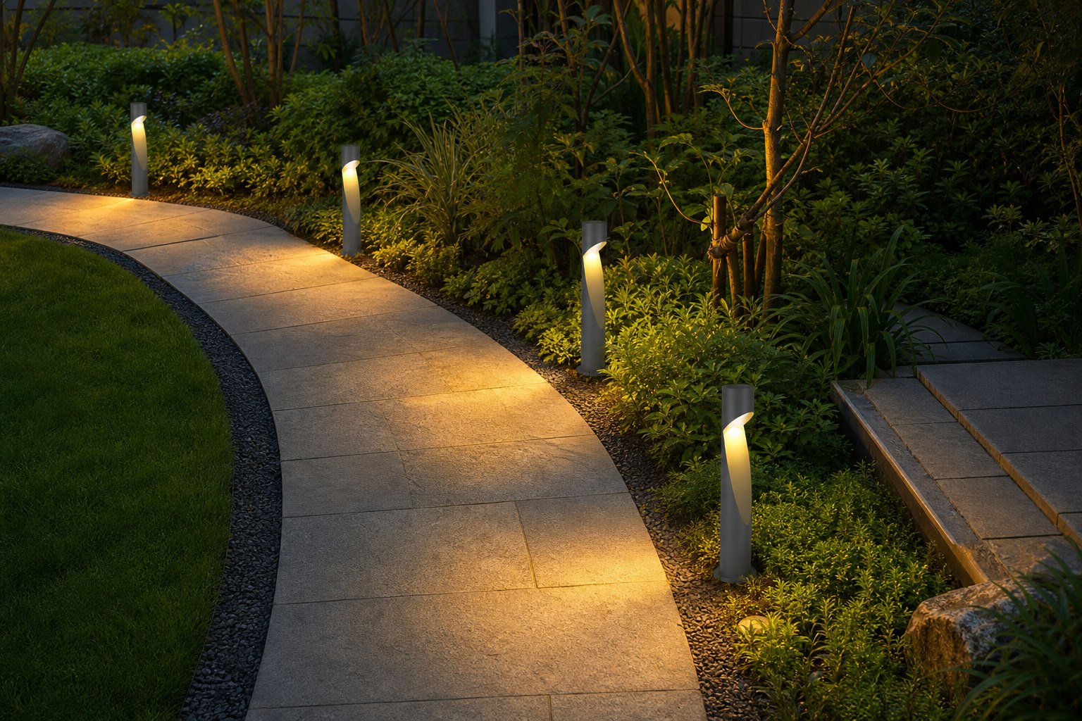 Outdoor LED bollard light placement along a curved garden path and steps