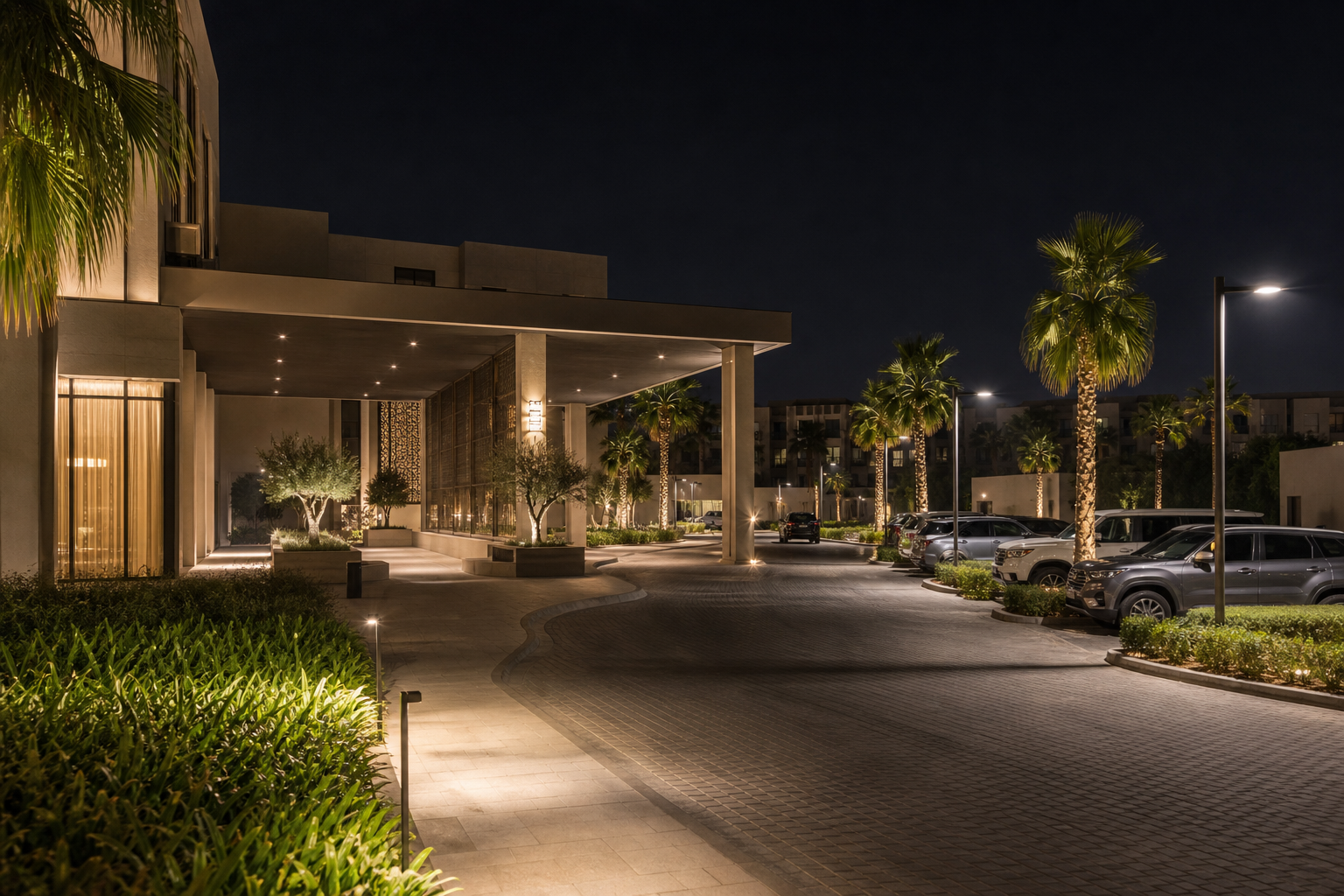 Anti-glare outdoor LED lighting for a UAE hotel parking and drop-off area