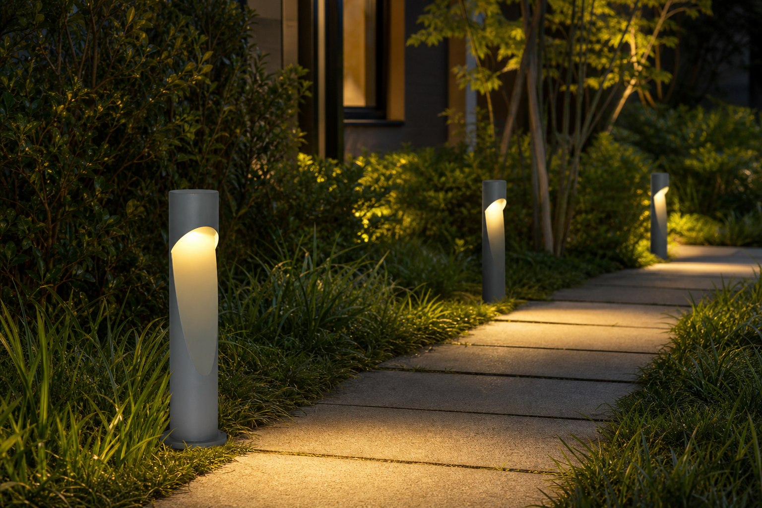 LED bollard lights for gardens illuminating a modern outdoor pathway at dusk