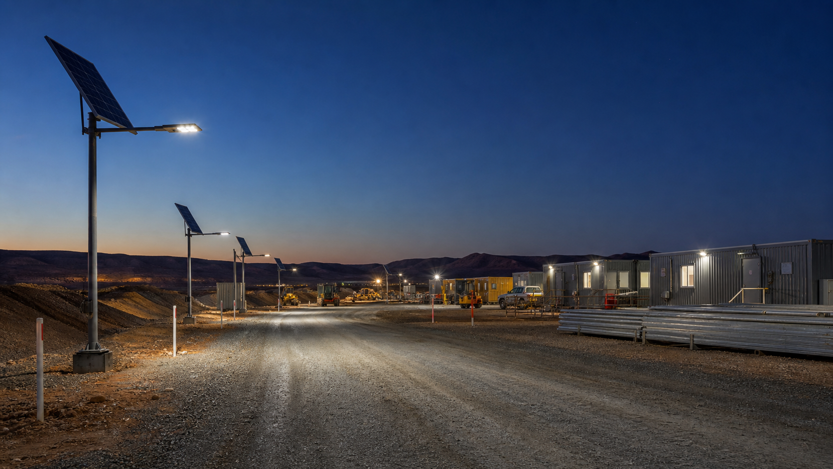 Solar LED flood lights illuminating an Australian remote worksite access road