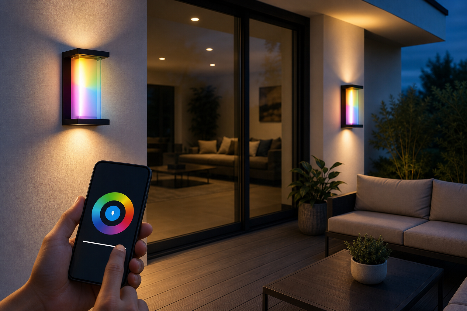 Smartphone controlling RGBWW outdoor wall lights on a modern patio
