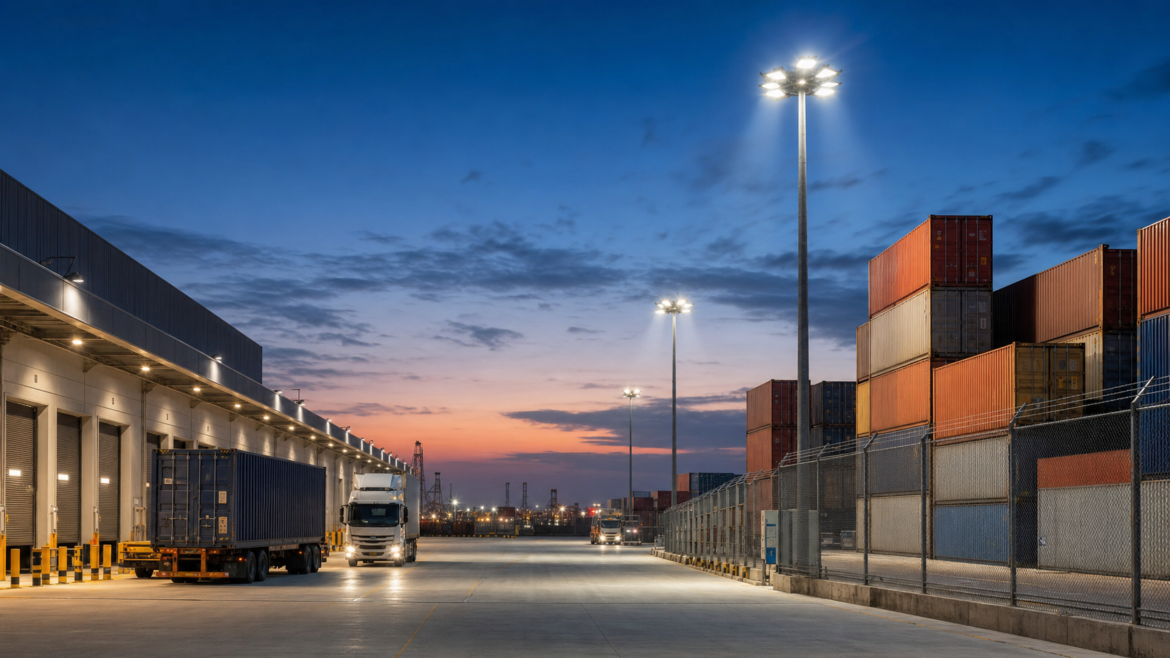 IP65 LED flood lights illuminating a UAE or Saudi logistics yard at dusk