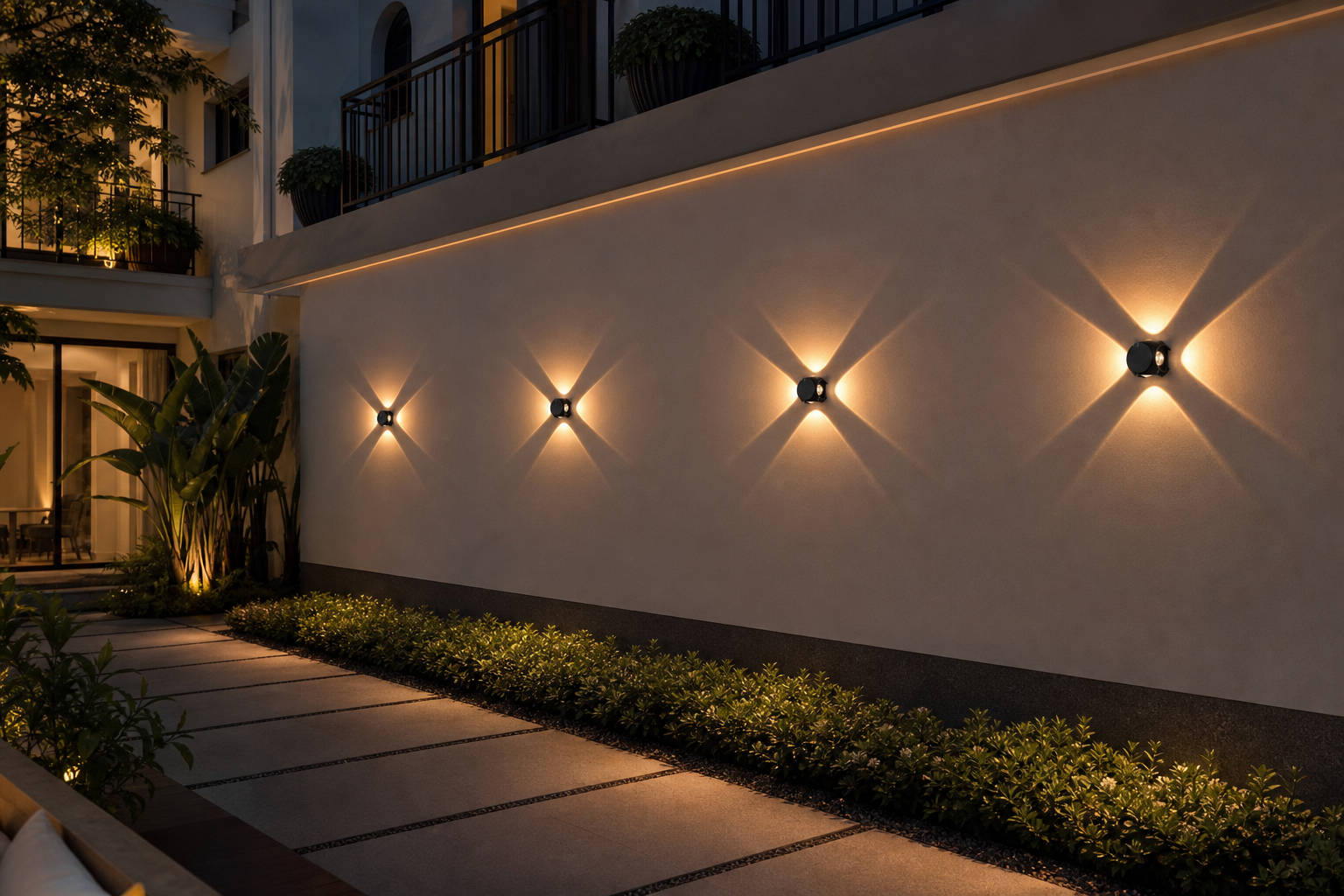 Four-way LED wall lights arranged along a hotel courtyard facade
