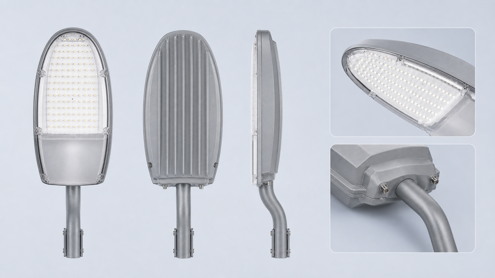 STL-004 slim IP65 LED street light shown from front rear and side with optical and mounting details