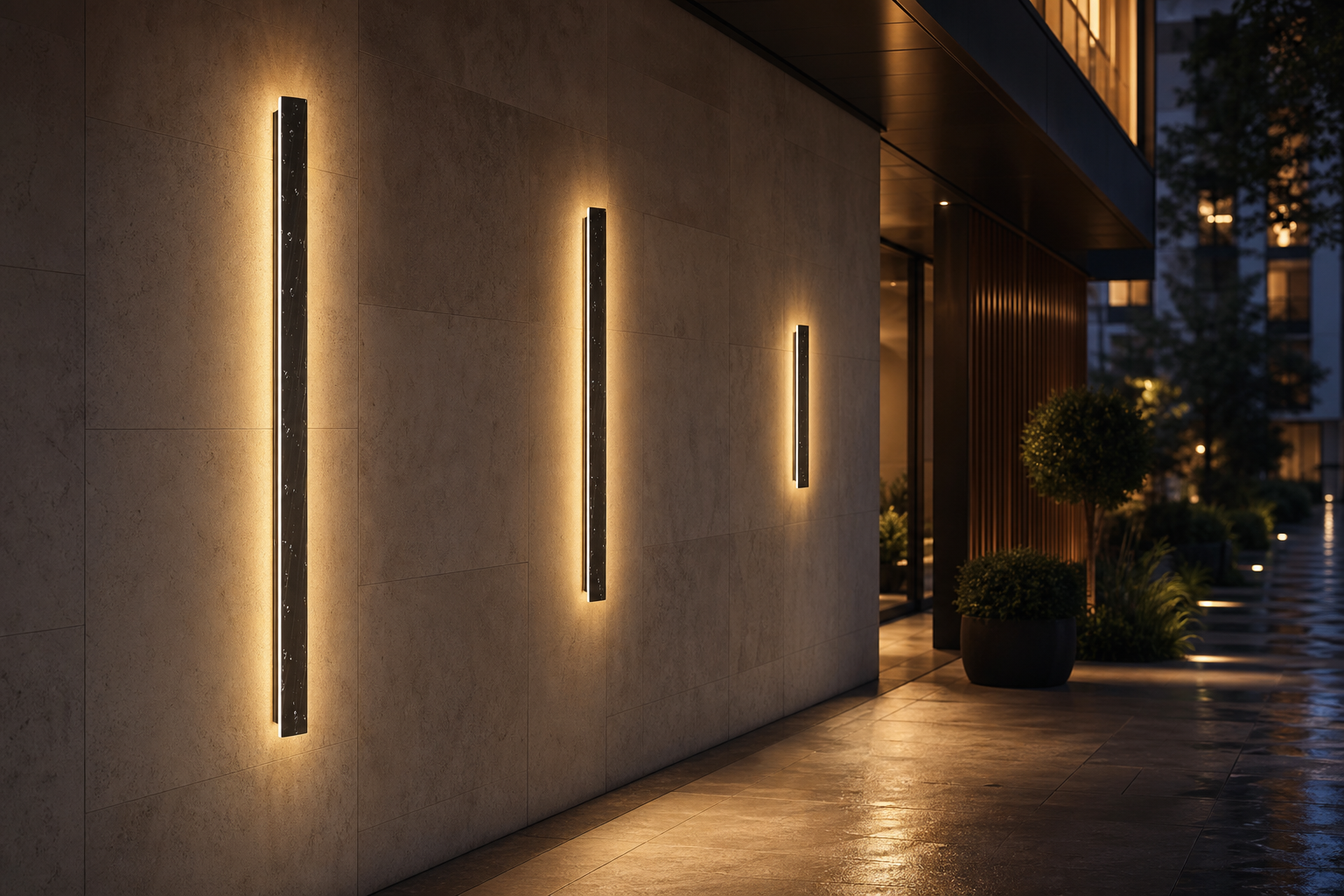 Different lengths of linear LED wall lights along a hospitality facade
