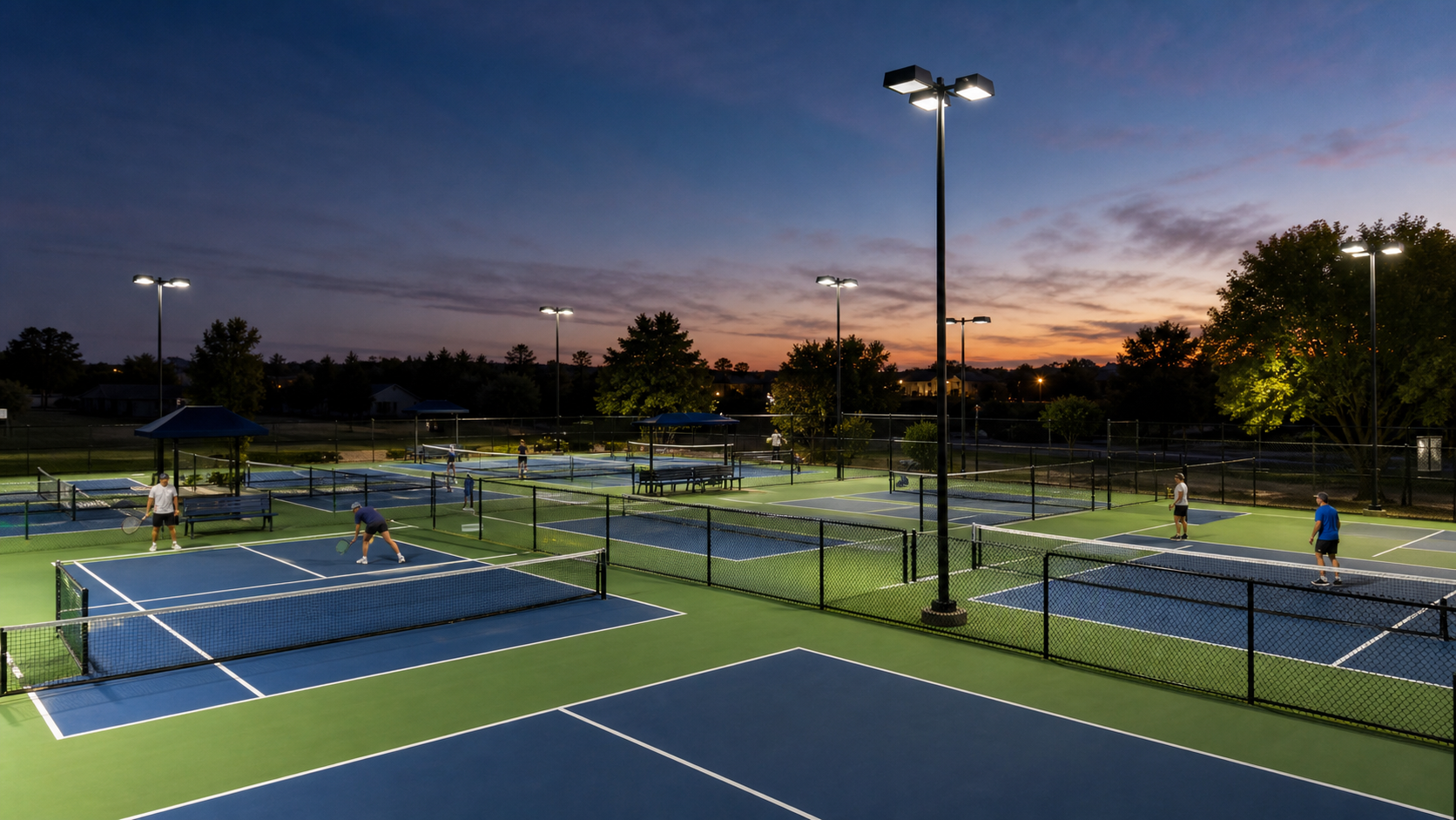 Anti-glare LED court lights illuminating U.S. pickleball and tennis courts at dusk