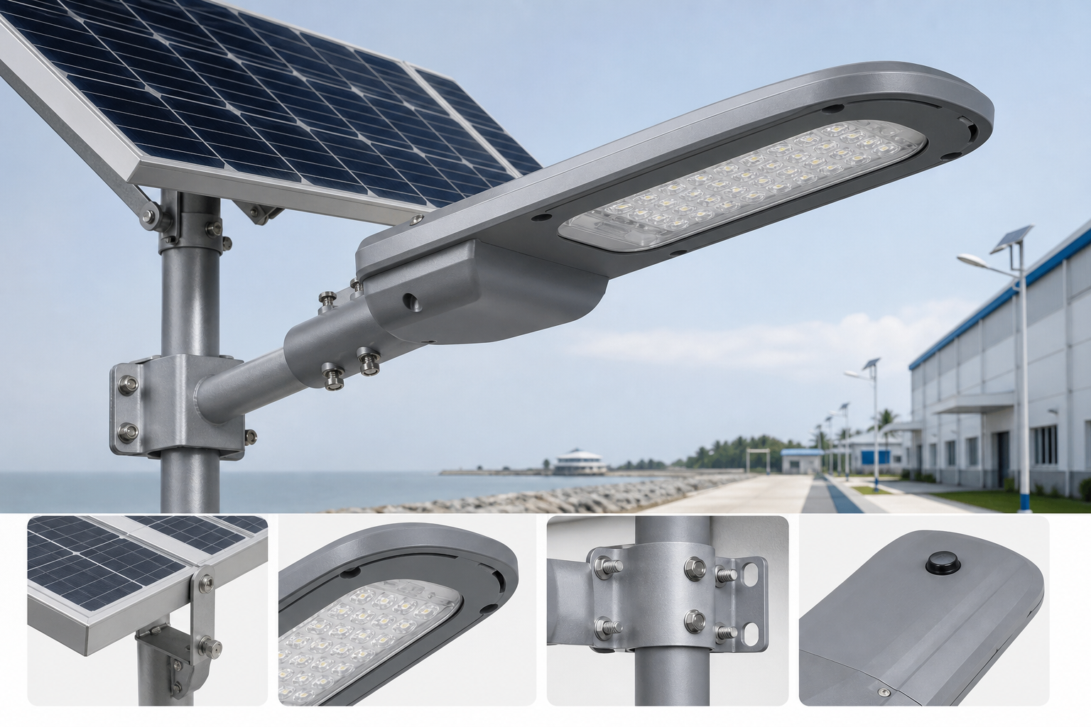 Integrated solar LED street light fixture for tropical coastal projects