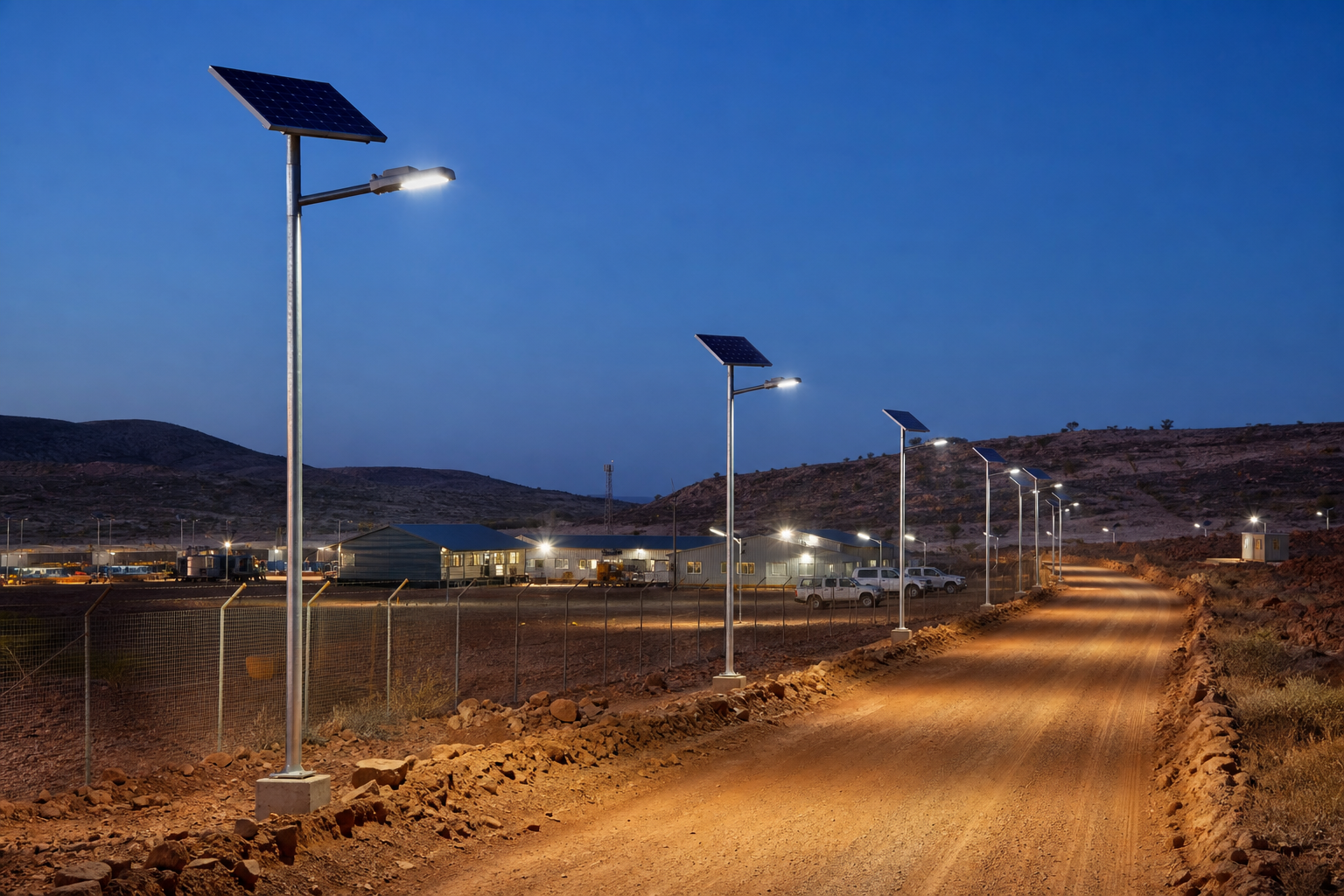 Solar street lights illuminating an African mining camp access road