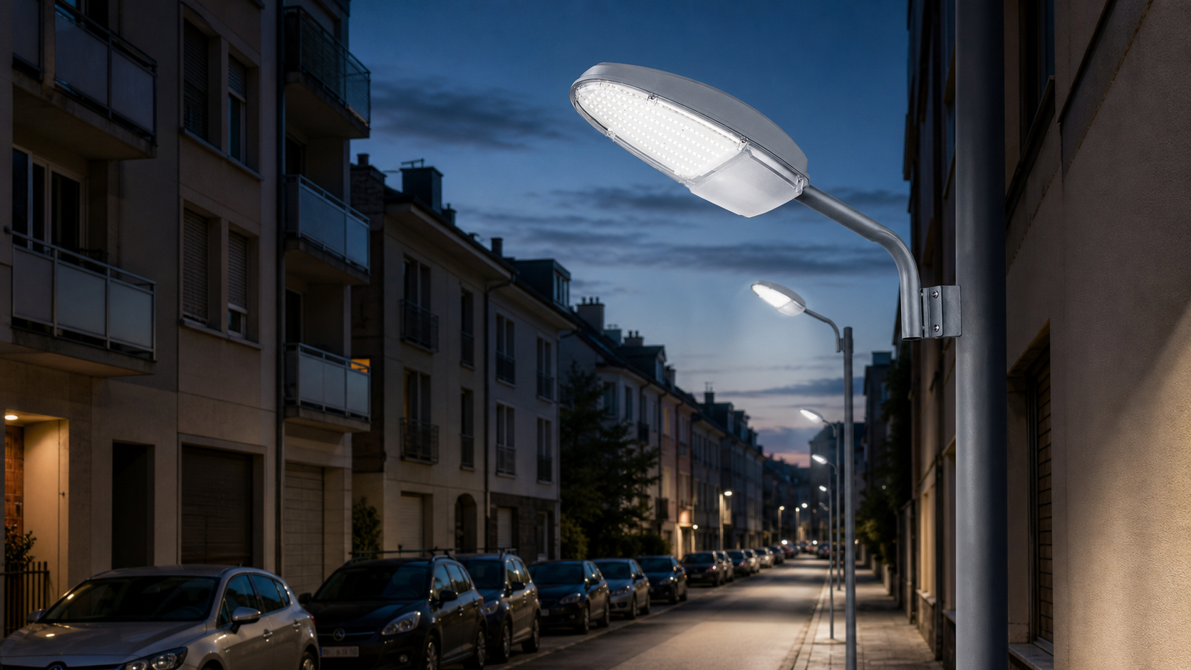 STL-004 slim LED street lights installed along a residential urban street