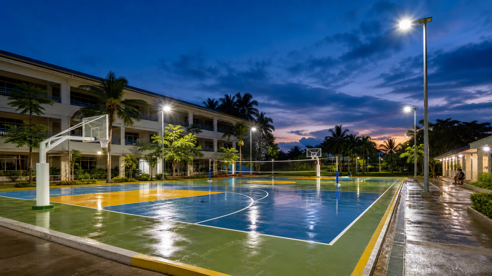 Outdoor LED sports lighting for a Philippine school multi-sport court after rain
