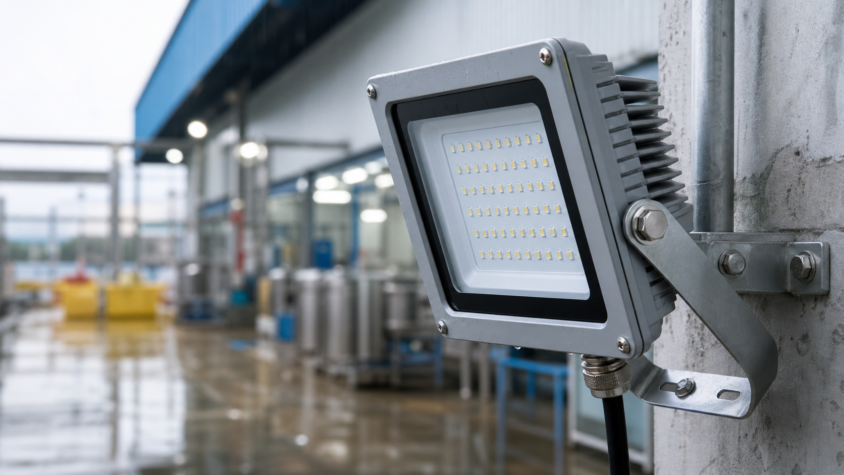 Sealed IP66 LED flood light fixture with adjustable bracket for food processing sites