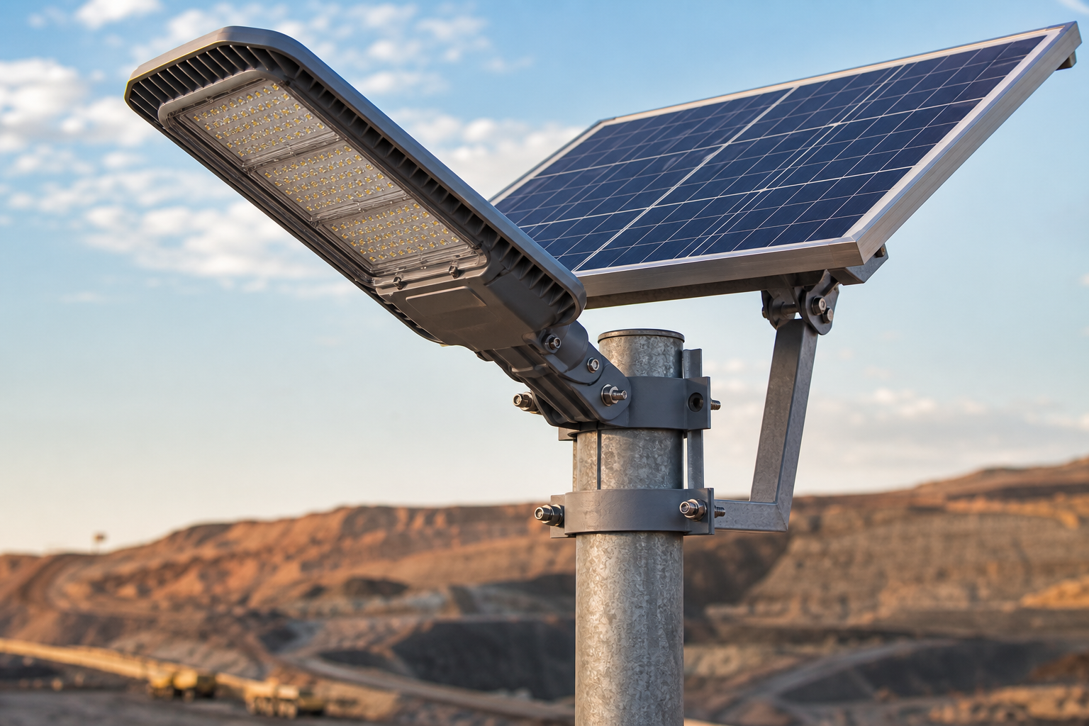 Rugged solar LED street light fixture for an African mining camp