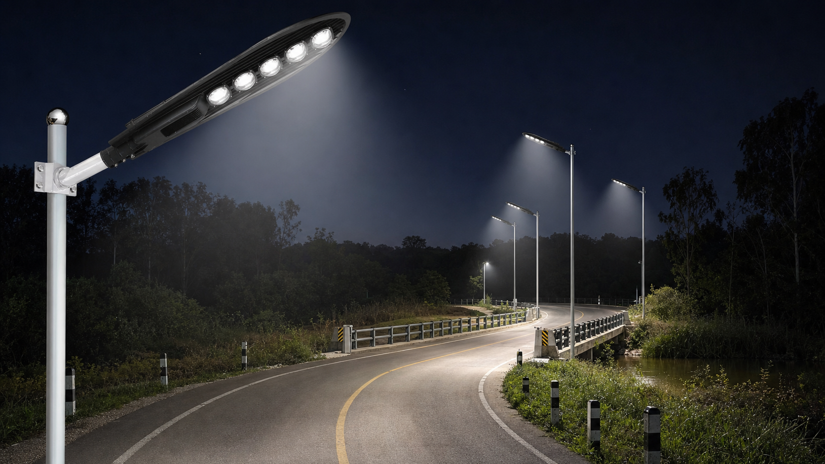 ST-001 COB LED street lights illuminating a rural road and bridge