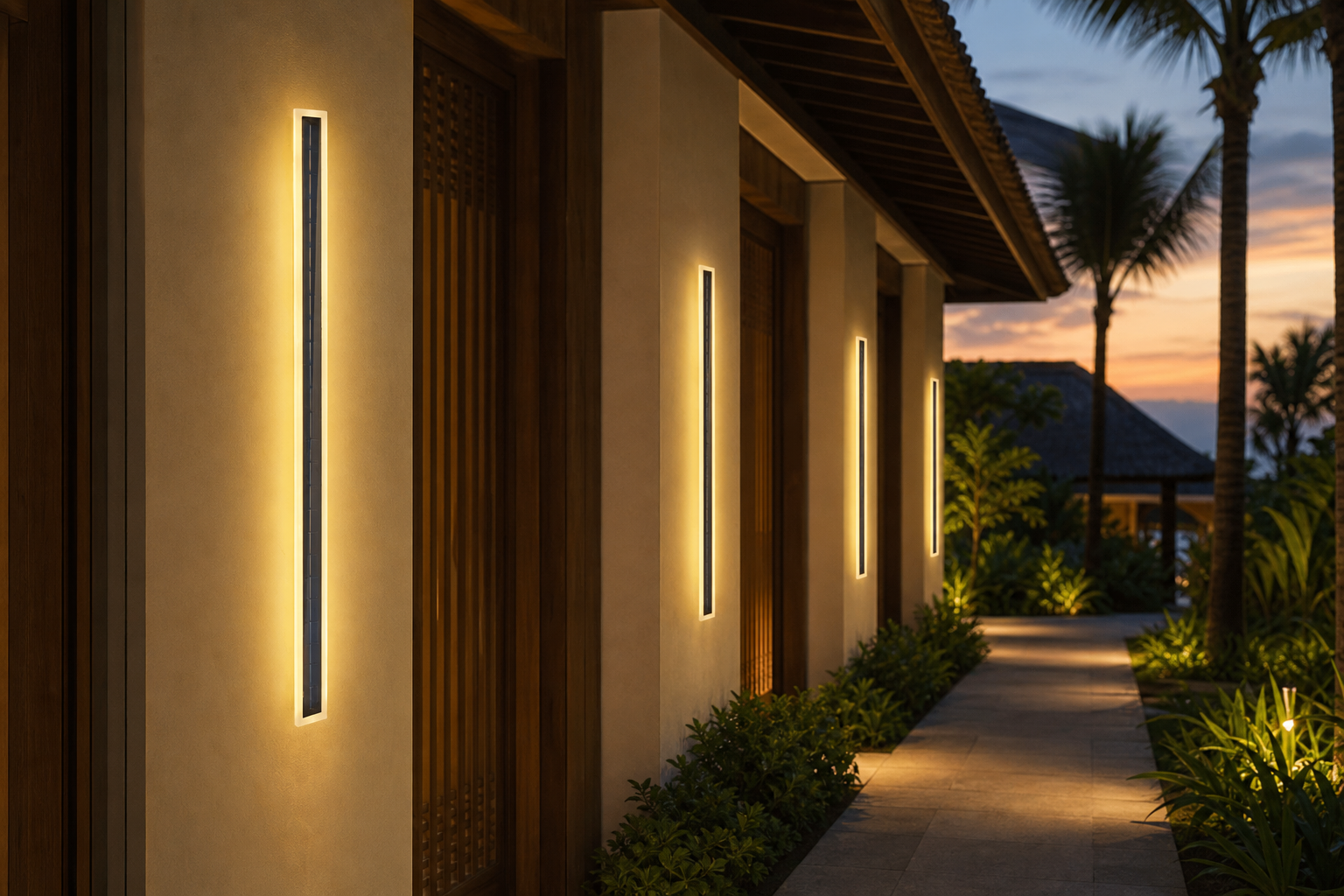 Solar linear wall lights installed along a resort walkway facade