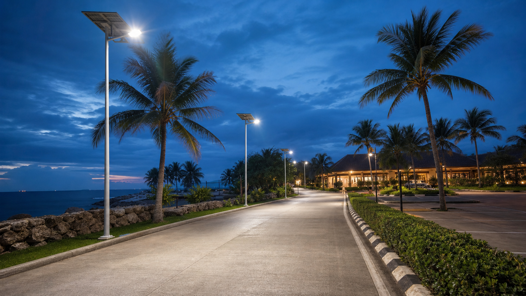 Solar LED street lights for a Philippine coastal resort road and parking area