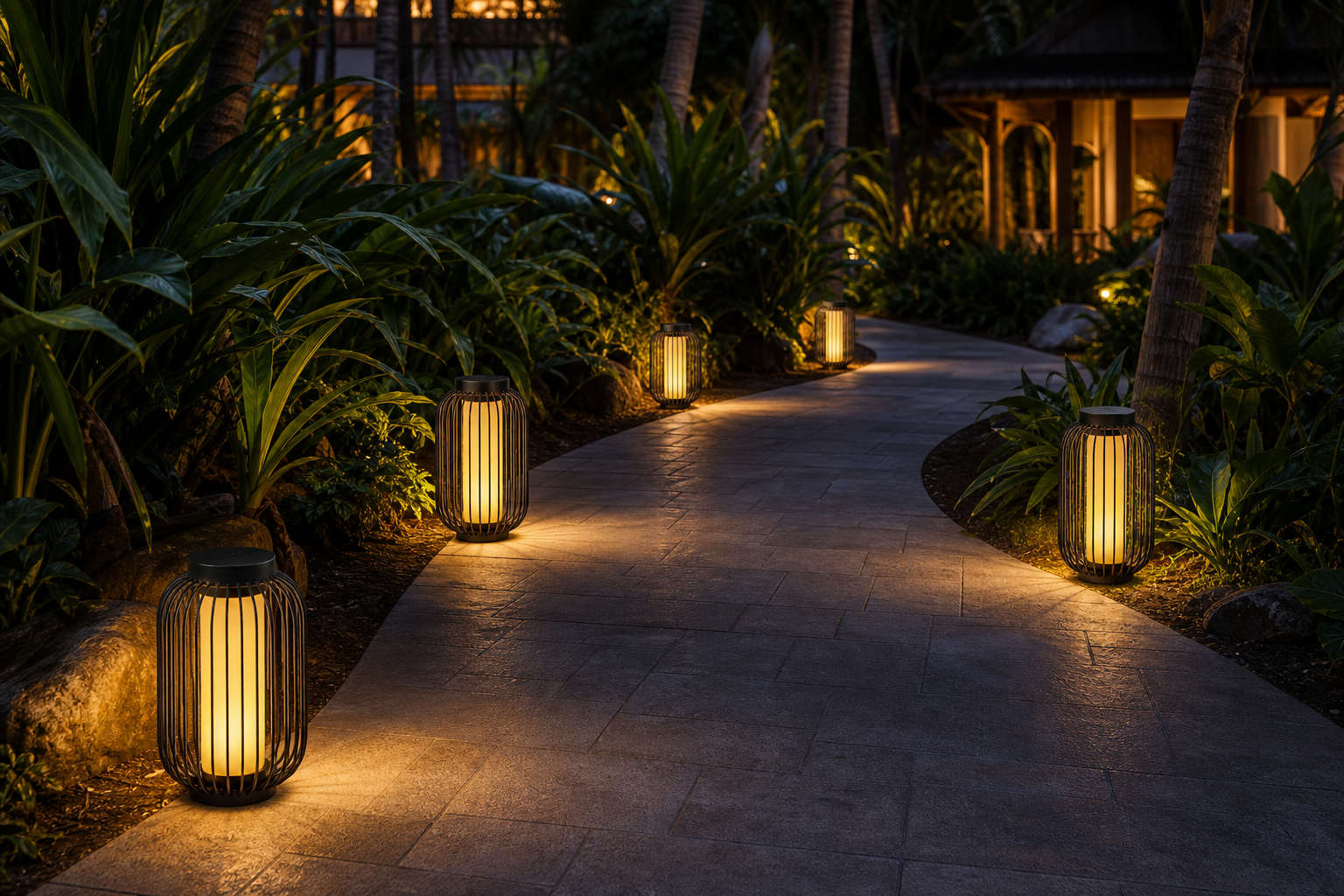 Solar landscape lanterns guiding a resort garden pathway