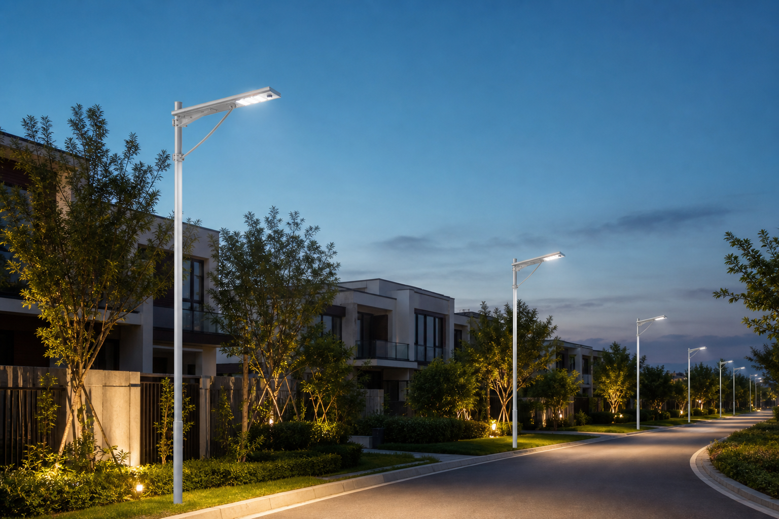 DL-YT-L white all-in-one solar street light installed in a suitable outdoor project