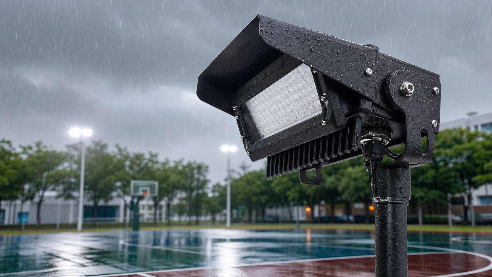 Anti-glare outdoor LED sports light fixture with sealed housing and adjustable bracket