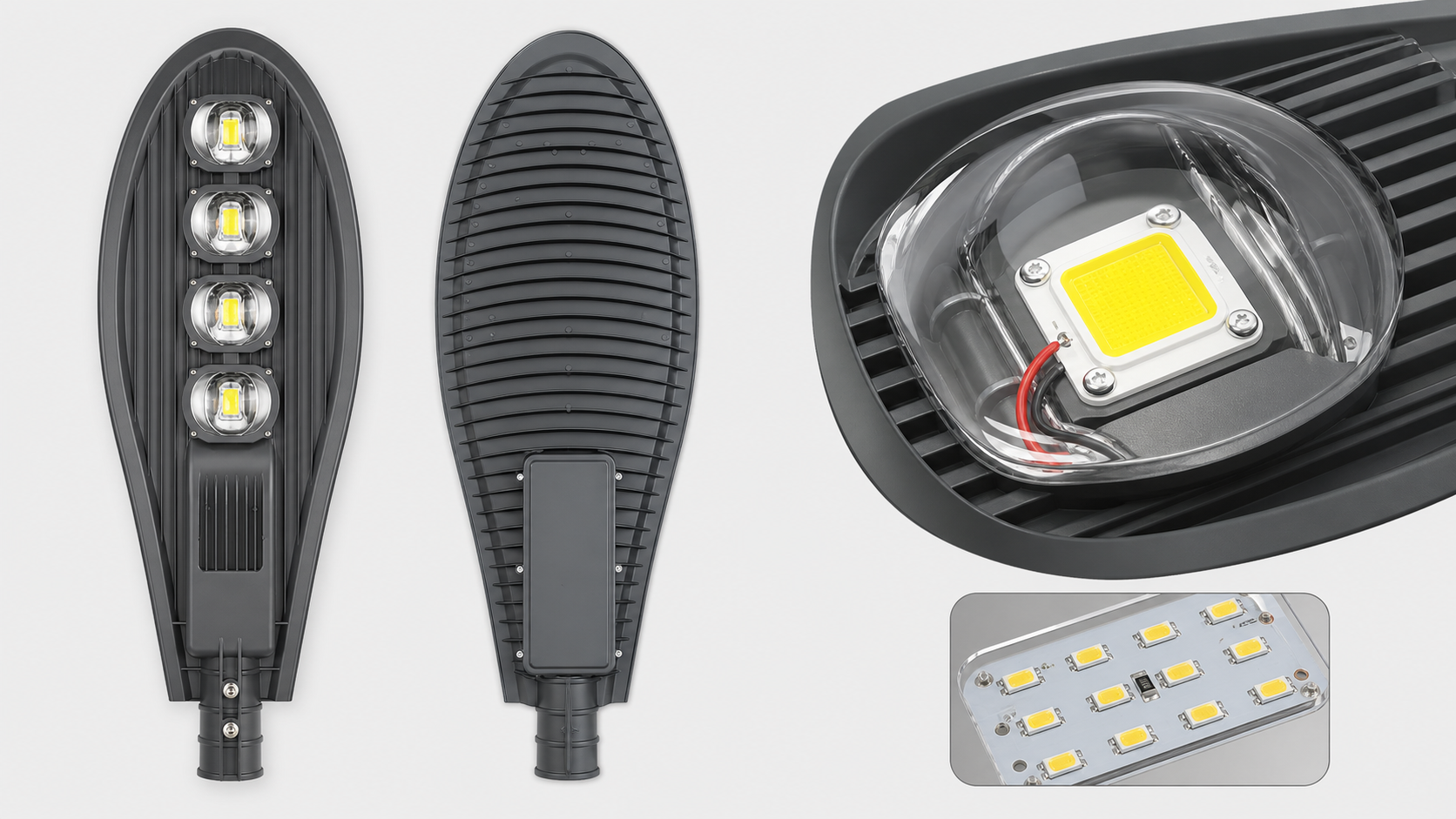 ST-001 COB LED street light front rear and optical module details beside an SMD board sample