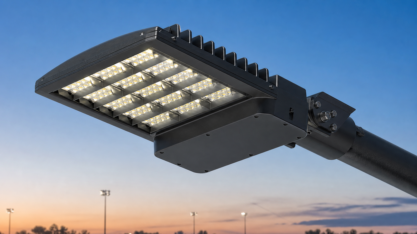 Anti-glare LED court light fixture with shielded optics and adjustable mounting bracket