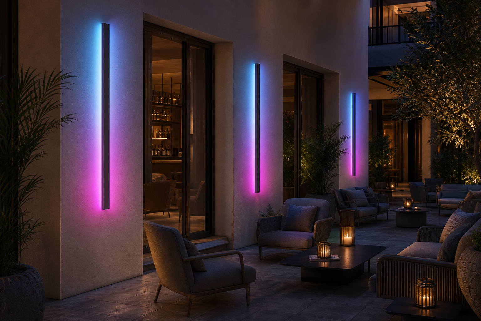 RGB linear wall lights creating coordinated hospitality courtyard ambience