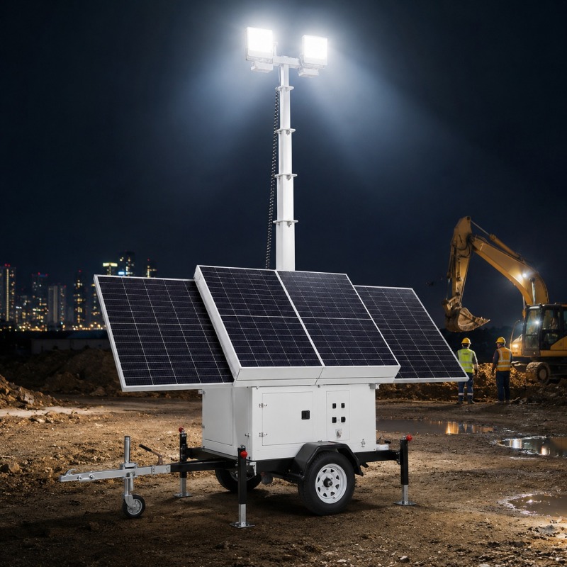 TWL-001 Solar Mobile Light Tower with Foldable Panels and Manual Mast