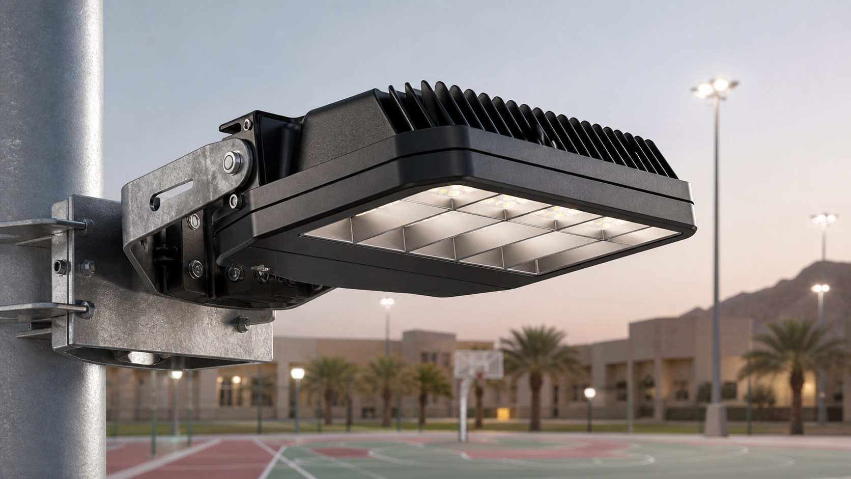 Anti-glare LED court light fixture with shielded optics for Saudi campuses