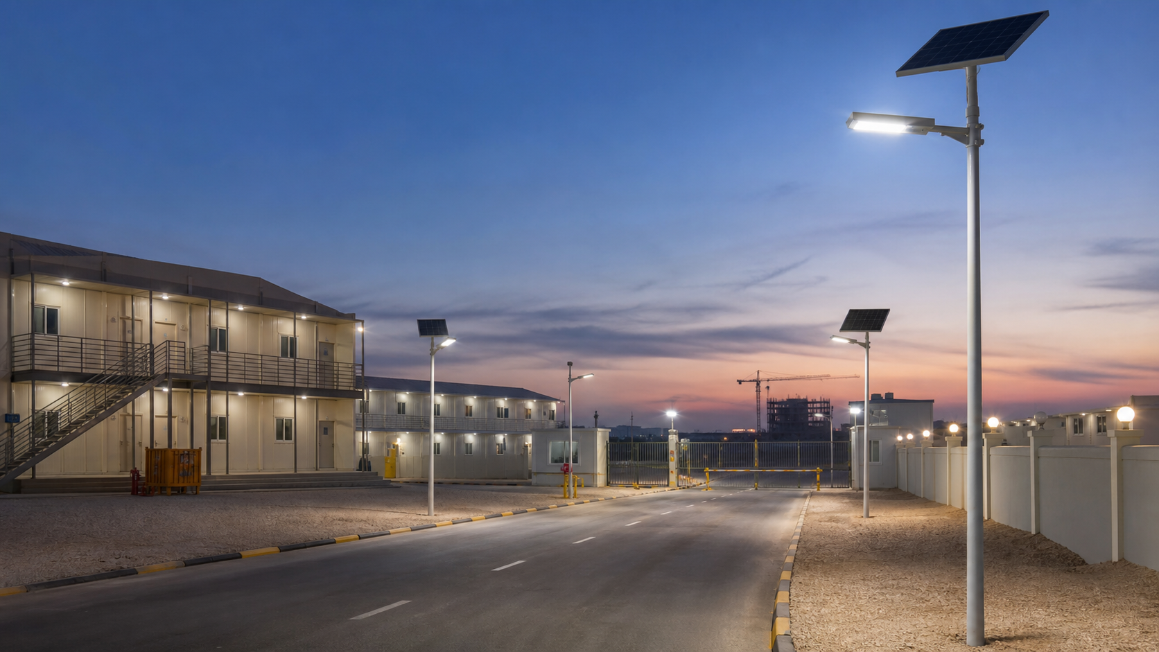 Solar LED street lights for a UAE worker accommodation compound access road