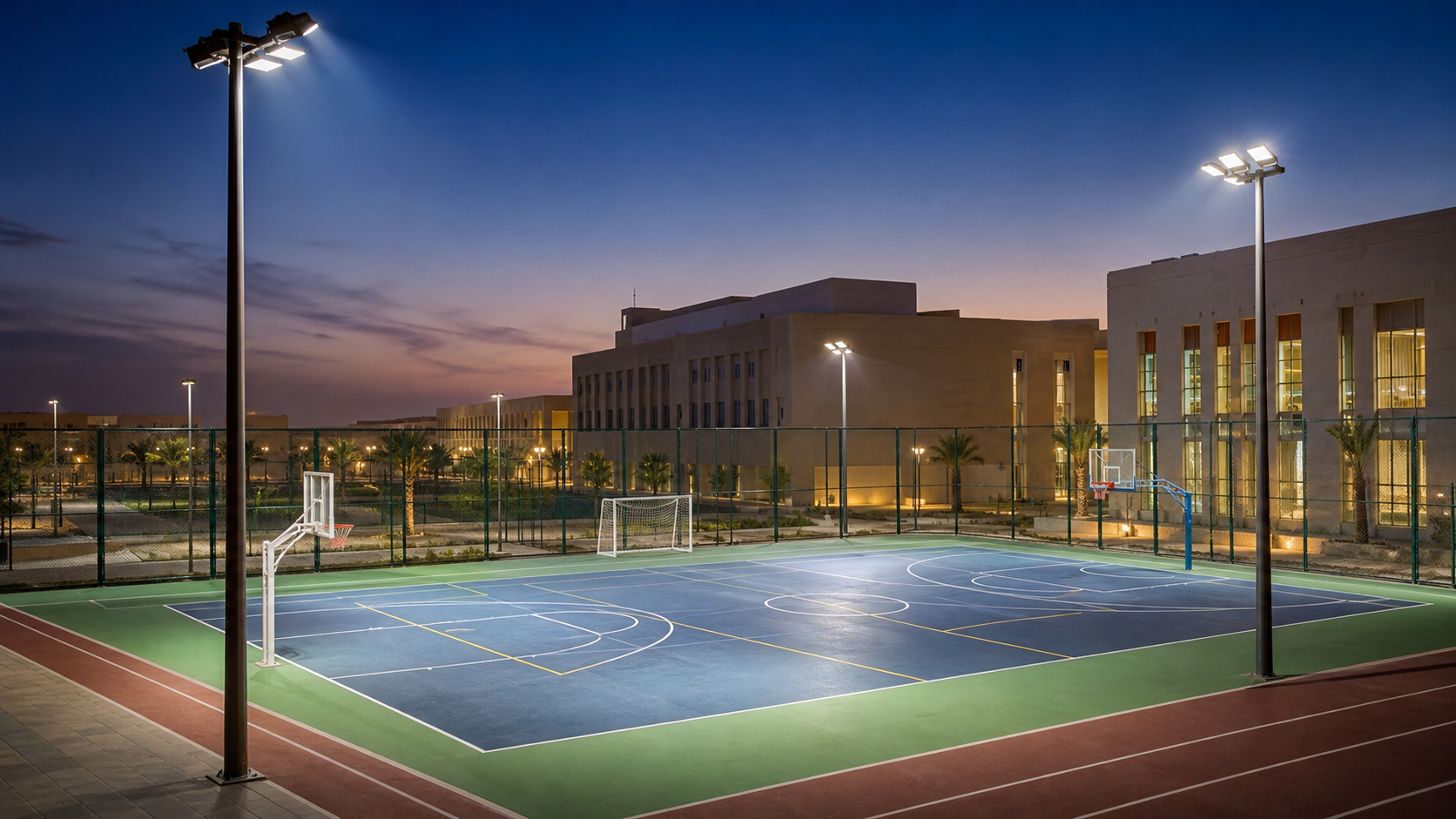 Anti-glare outdoor LED sports lighting for a Saudi school campus court