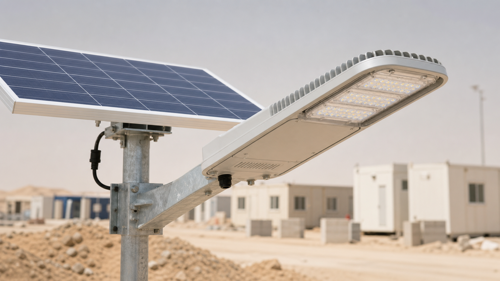 Integrated solar LED street light fixture for UAE construction compound roads