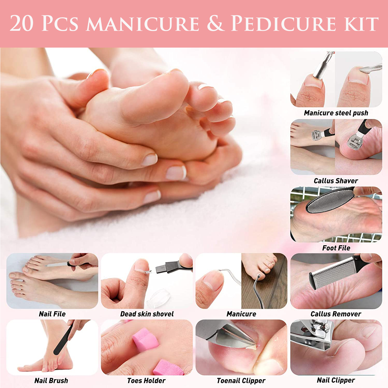 20 in 1 Pedicure Kit Professional Pedicure Tools Set Foot Care Scrubber Stainless Steel Pedicure Supplies Foot File Scraper Rasp Dead Skin Shaver Callus Remover