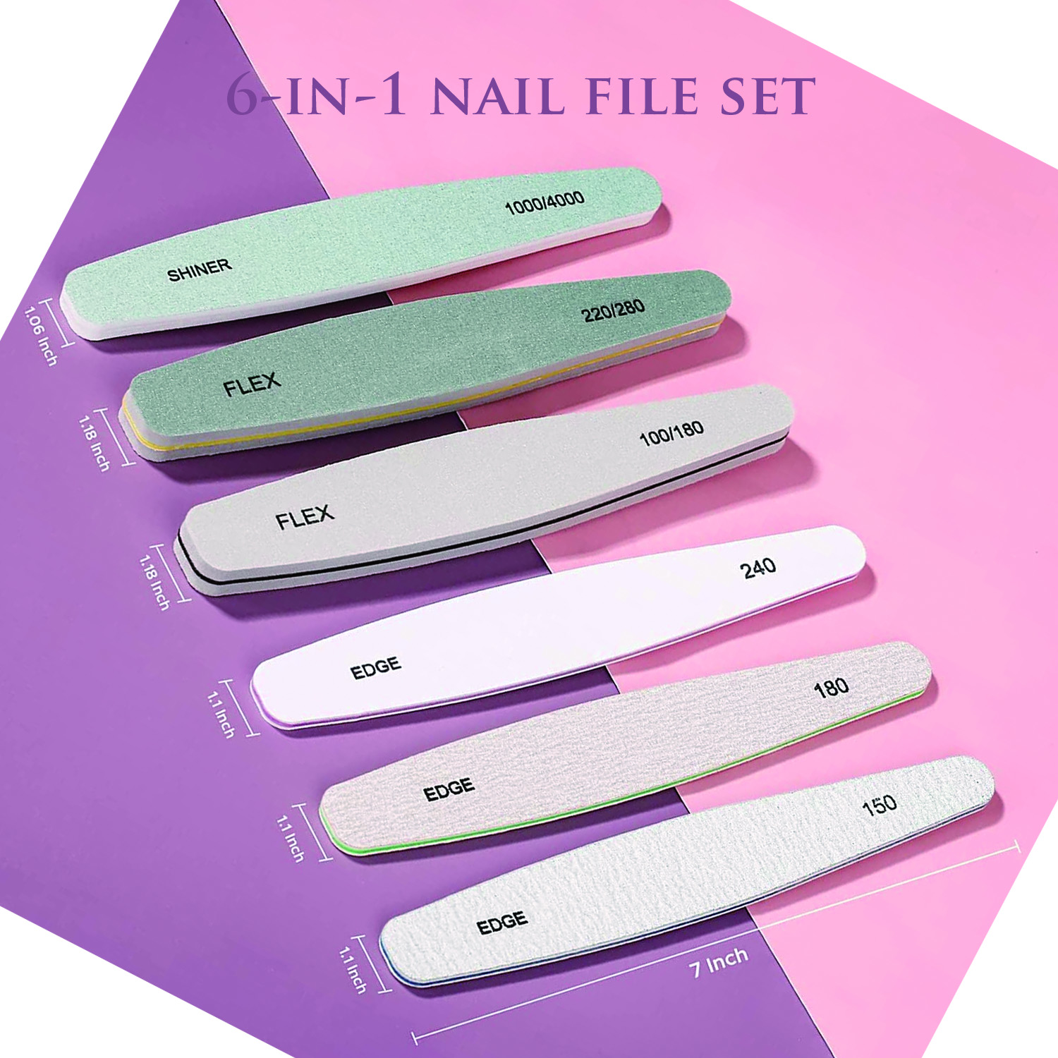 6 in 1 Nail File Set Professional Nail Buffer File Natural Manicure File Nail Polisher Washable Double Sided