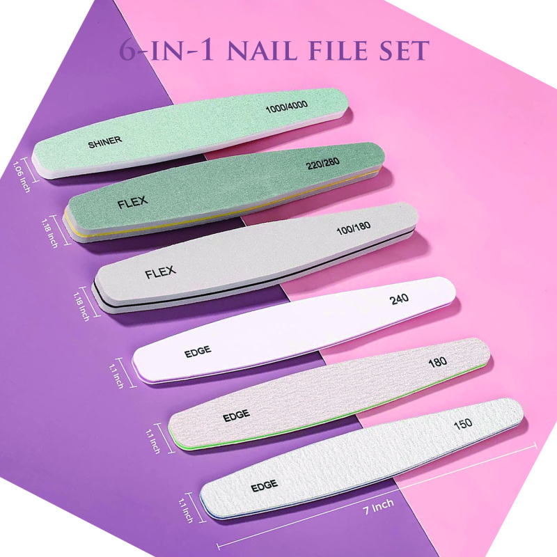 6 in 1 Nail File Set Professional Nail Buffer File Natural Manicure File Nail Polisher Washable Double Sided