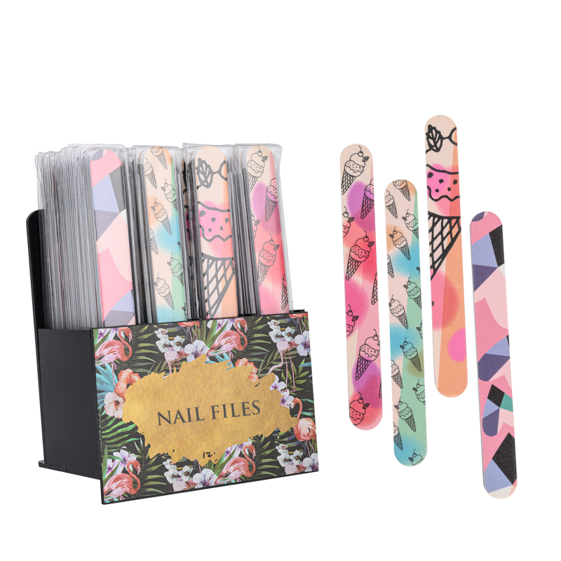 Customized Color Pattern Nail File with Display Professional Double Sided Nail Files Emery Board with Showing Stand