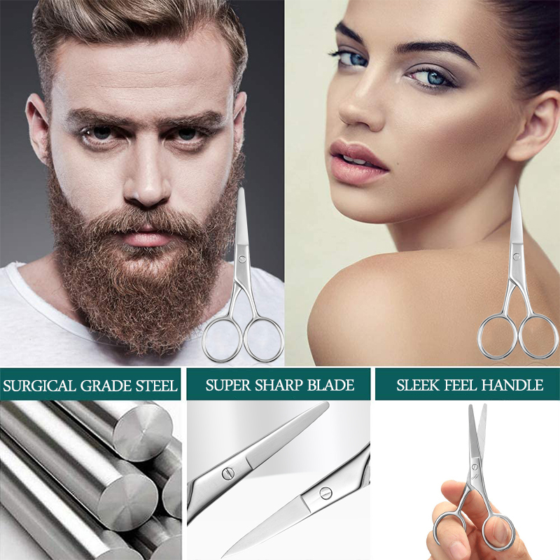 Facial Hair Small Grooming Scissors For Men Women - Eyebrow, Nose Hair, Mustache, Beard, Eyelashes, Ear Trimming Kit - Curved and Rounded Safety Tip Clippers For Hair Cutting