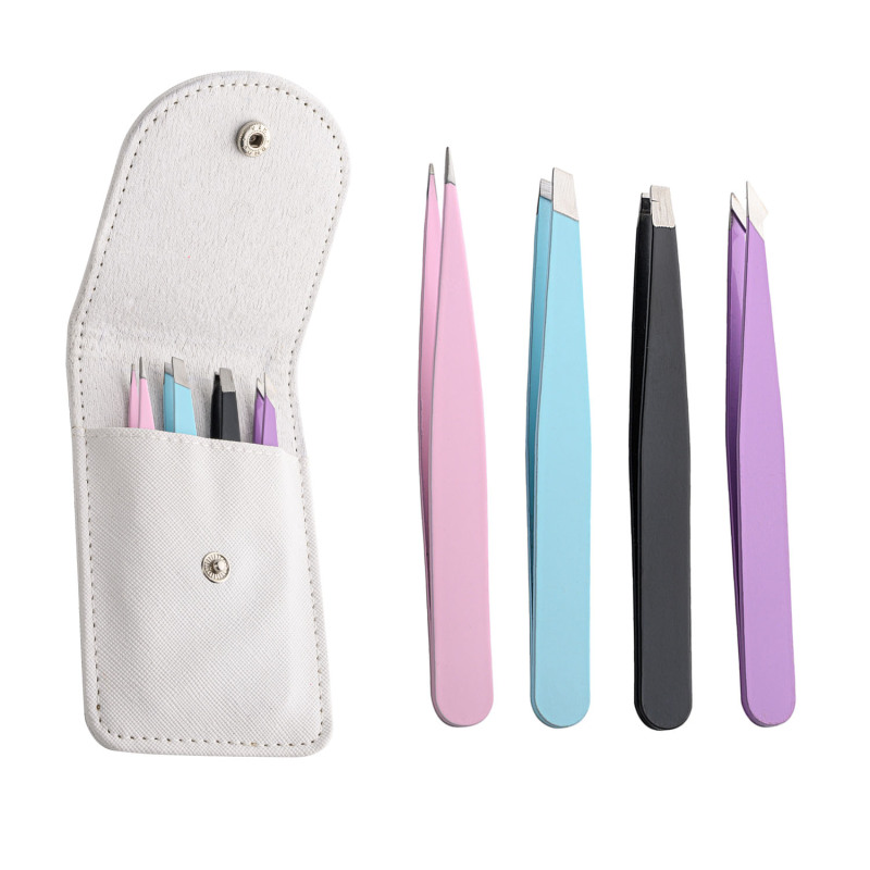 4 Pcs Eyebrow Tweezer Set for Women, Precision Tweezer for Eyebrows with Curved Scissors for Ingrown Hair, Hair Plucking Daily Beauty Tools with Leather Case