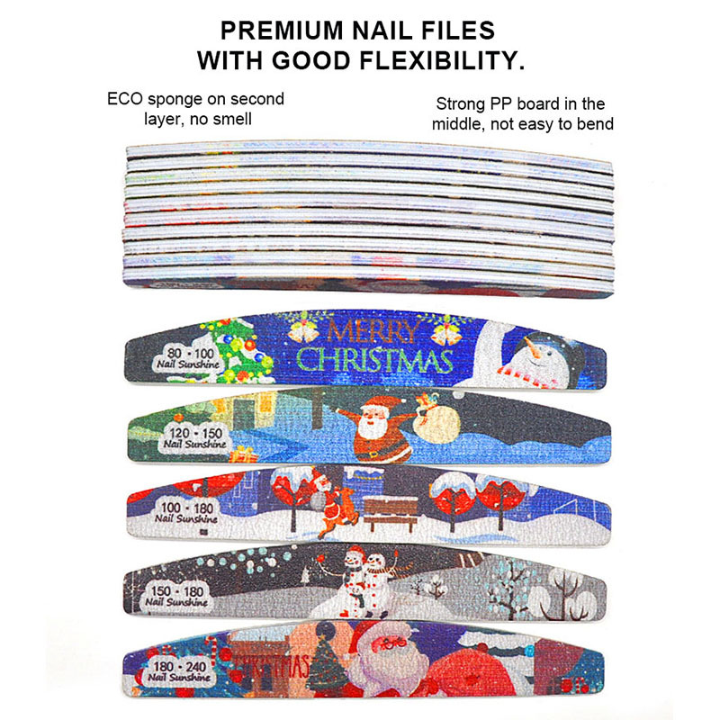 Christmas Double-sided Emery board Nail File 180 Grit Half-round Sanding Nail Buffer