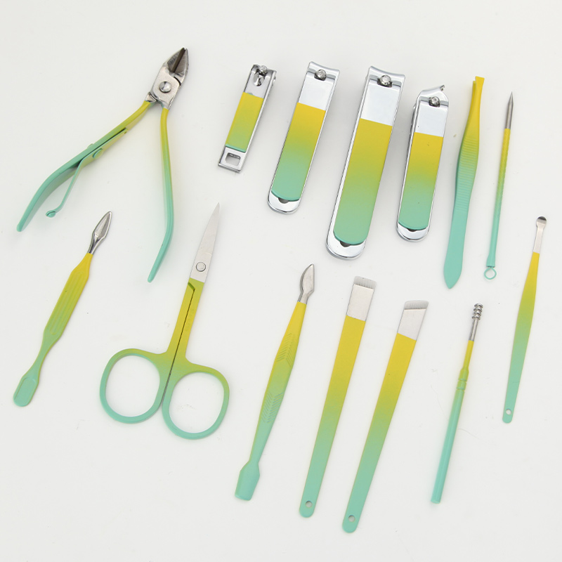 Multi-purpose 14pcs Manicure and Pedicure Set Colorful Stainless Steel Nail Care Tool Fingernail Clipper Kits with Travel Case