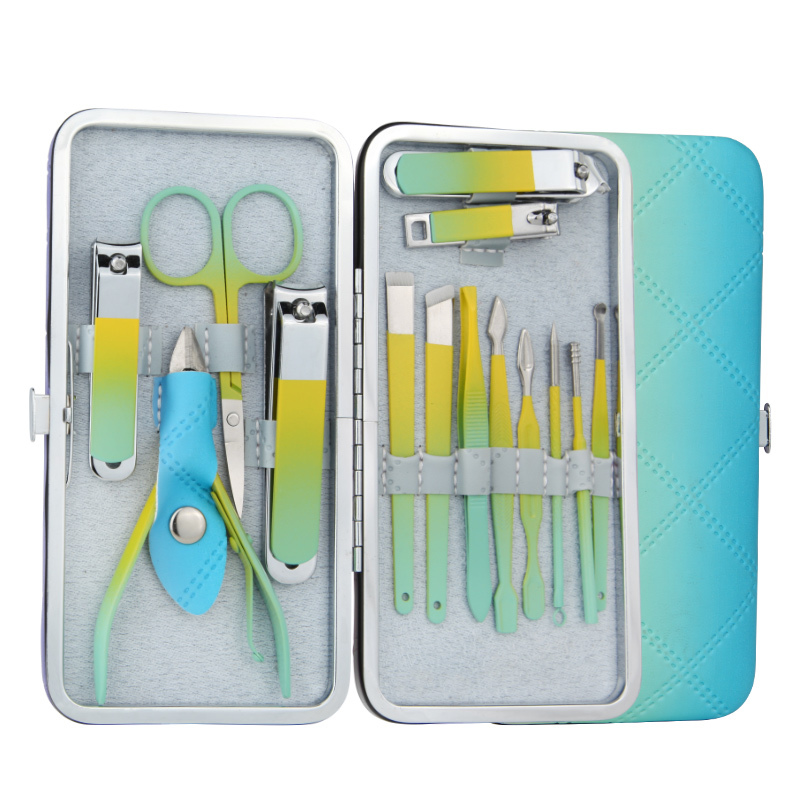 Multi-purpose 14pcs Manicure and Pedicure Set Colorful Stainless Steel Nail Care Tool Fingernail Clipper Kits with Travel Case