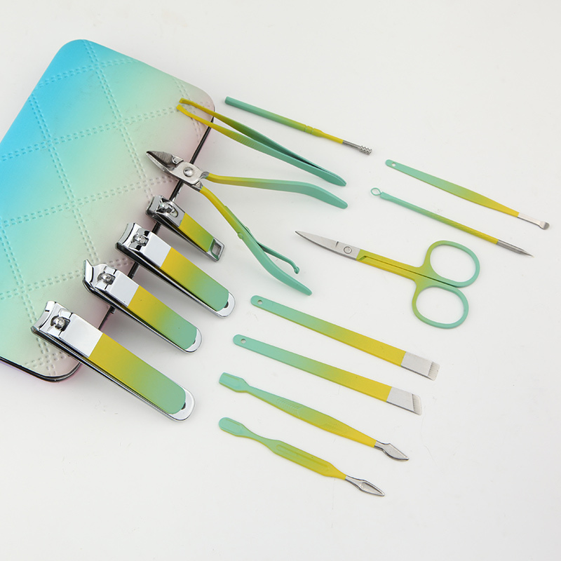 Multi-purpose 14pcs Manicure and Pedicure Set Colorful Stainless Steel Nail Care Tool Fingernail Clipper Kits with Travel Case