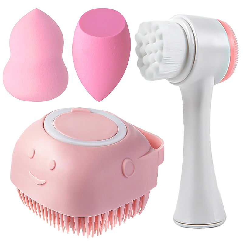 4 in 1 Facial Cleaning Tools Set Soft Silicone Face Cleanser Brush Makeup Sponge Spa Washing Exfoliating Massage Hair Scrubber