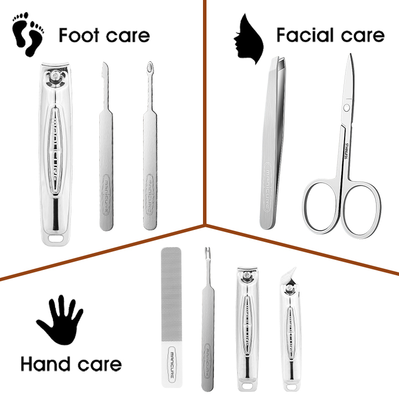 10pcs Wholesale Manicure and Pedicure Nail Care Cleaning Tool Set Stainless Steel Finger Cutter Clipper Kits with Travel Case