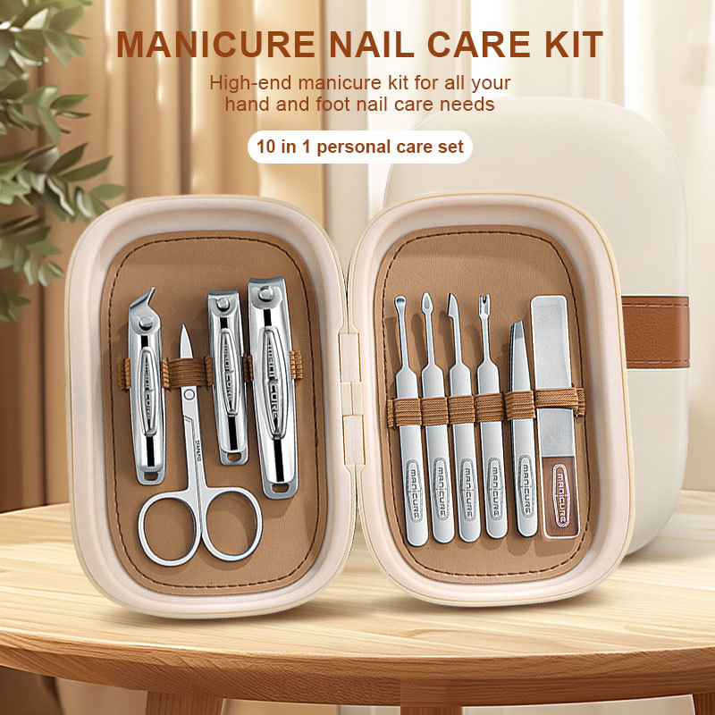 10pcs Wholesale Manicure and Pedicure Nail Care Cleaning Tool Set Stainless Steel Finger Cutter Clipper Kits with Travel Case