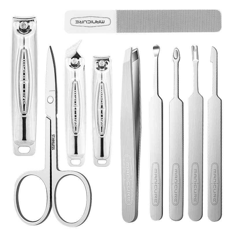 10pcs Wholesale Manicure and Pedicure Nail Care Cleaning Tool Set Stainless Steel Finger Cutter Clipper Kits with Travel Case