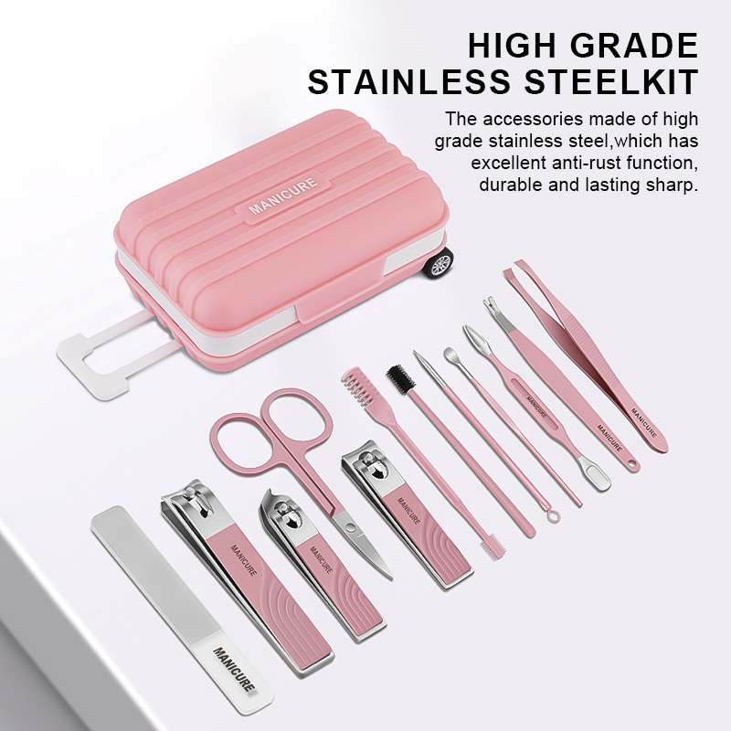 Custom Logo 12 Pcs Manicure Pedicure Set Luggage Design Packaging Suit Beauty Nail Care Tool Fingernail Clippers kit for Home