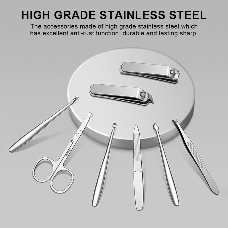 8-in-1 Professional Manicure Pedicure Kit Stainless Steel Beauty Nail Care Tool Fingernail Toe Clipper Set With PU Leather Case
