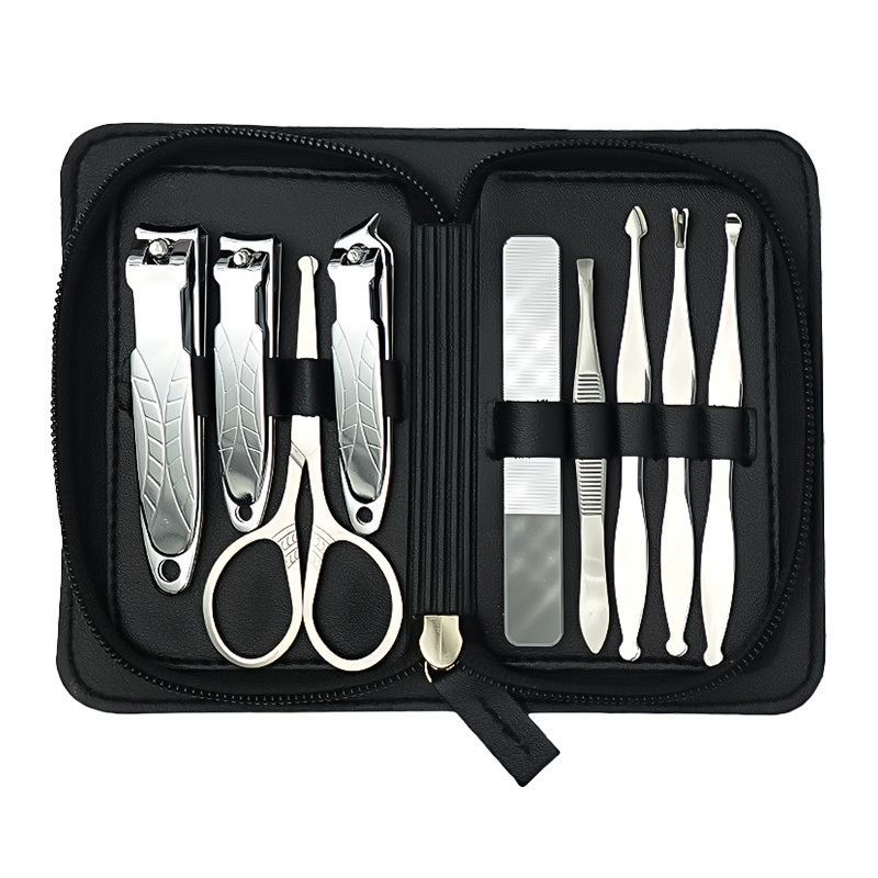 Customization 9Pcs Stainless Steel Nail Clipper Set Nails Care Tools Manicure Pedicure Kit with PU Case for Beauty Salon